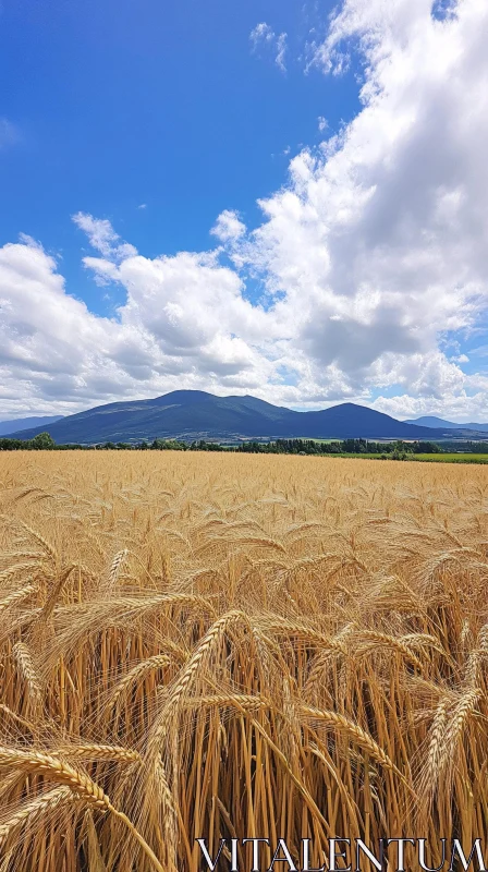 Peaceful Wheat Field with Mountain View AI Image