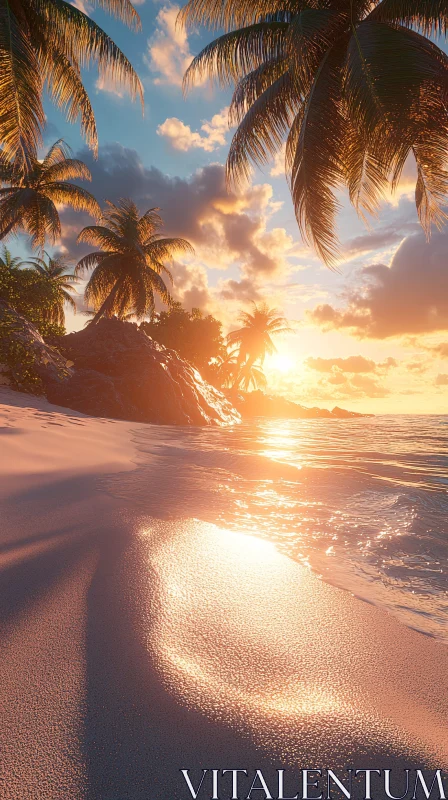 Peaceful Beach at Sunset with Ocean Waves and Palm Trees AI Image