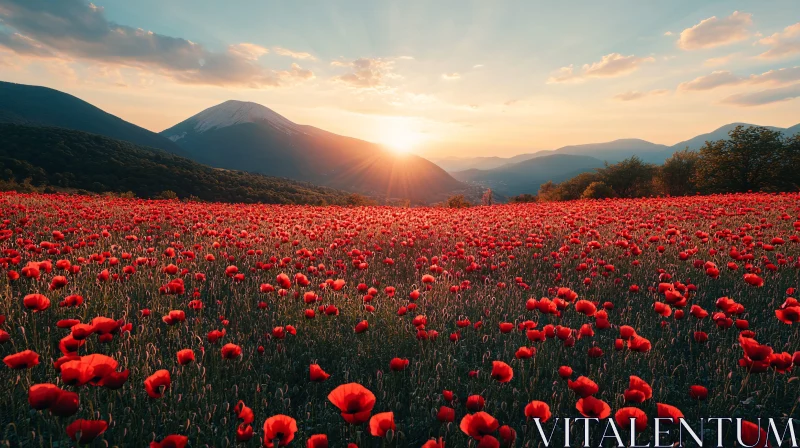 Red Poppy Field During Sunset AI Image