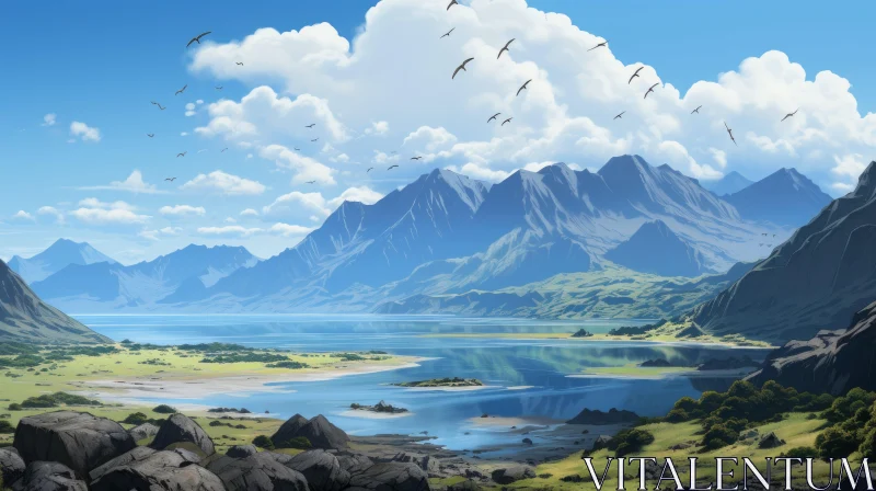 Adventure Themed Coastal Scenery with Mountains and Avian Illustrations AI Image