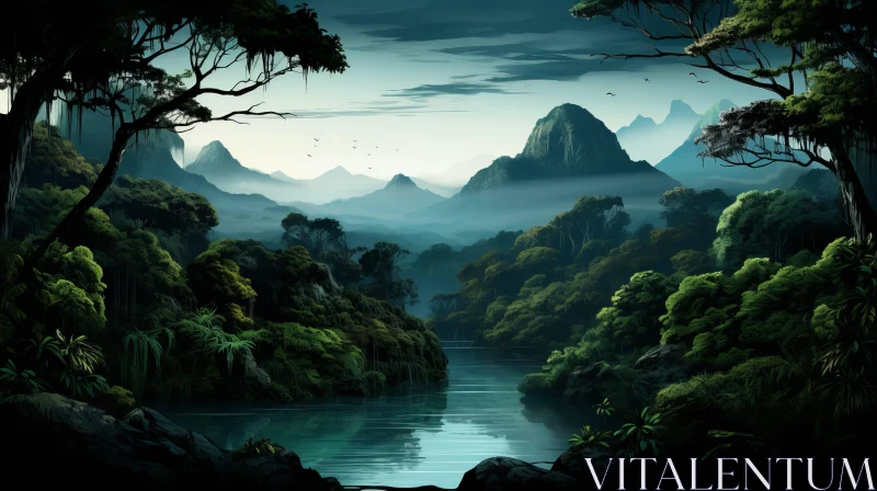 Atmospheric Chinese Landscape - Jungle River Scene AI Image