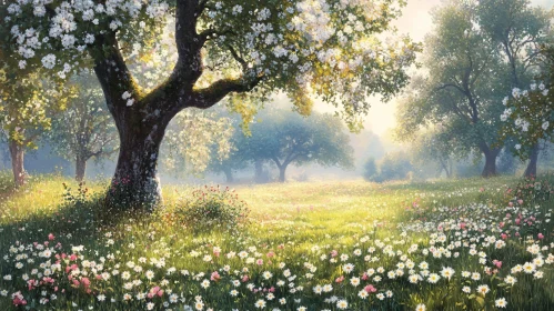 Tranquil Meadow with Blossoming Trees