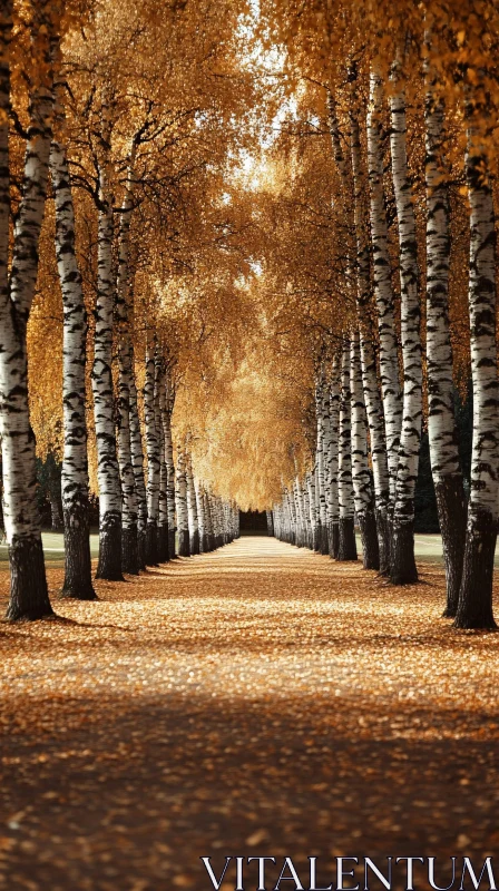 Golden Autumn Pathway with Birch Trees AI Image