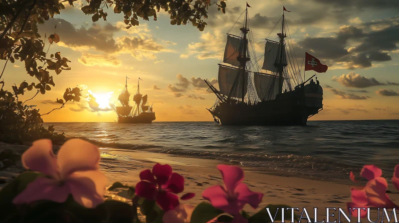 Majestic Sailing Ships at Sunset AI Image