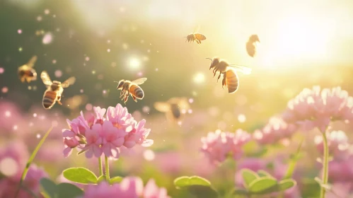 Sunlit Field of Pink Flowers and Bees