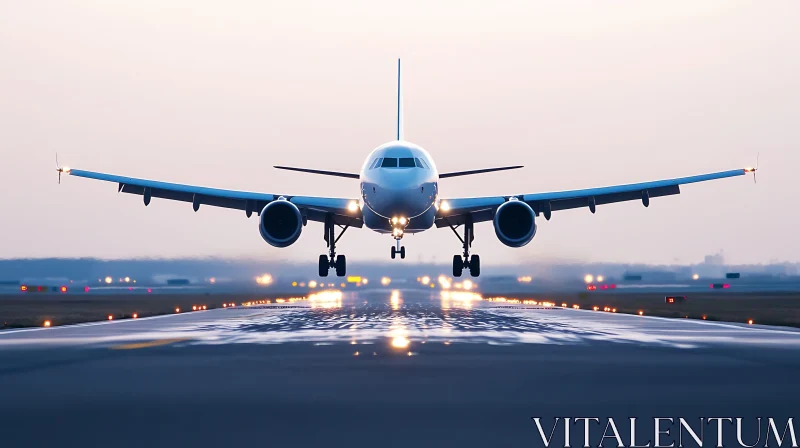 Aircraft Approaching Runway at Twilight AI Image