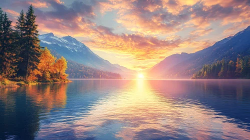 Sunset Over Calm Lake and Rugged Mountains