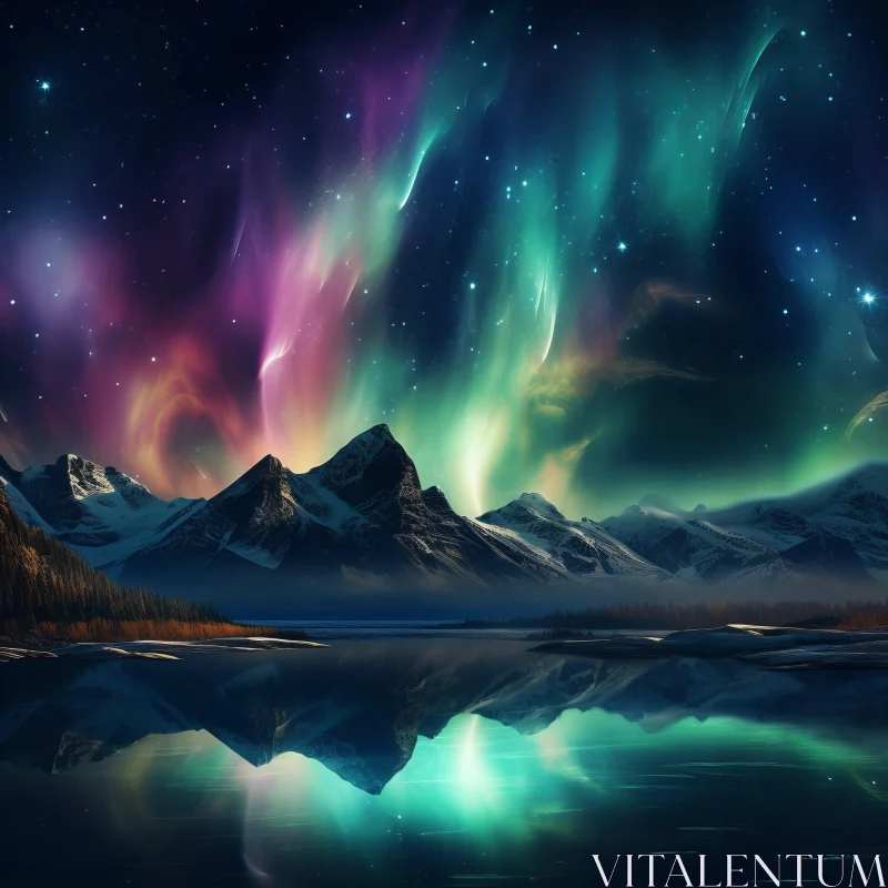 Fantasy Aurora Borealis Over Lake and Mountains AI Image