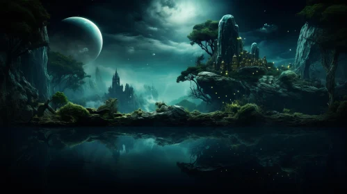 Mysterious Castle in Dark Turquoise Ocean - Fantasy Landscape Wallpaper