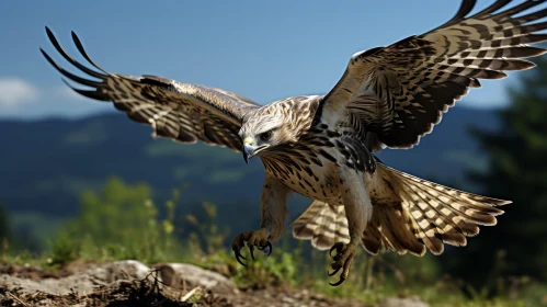 Wildlife In Flight: Hawk and Pelican Across a Rocky Landscape