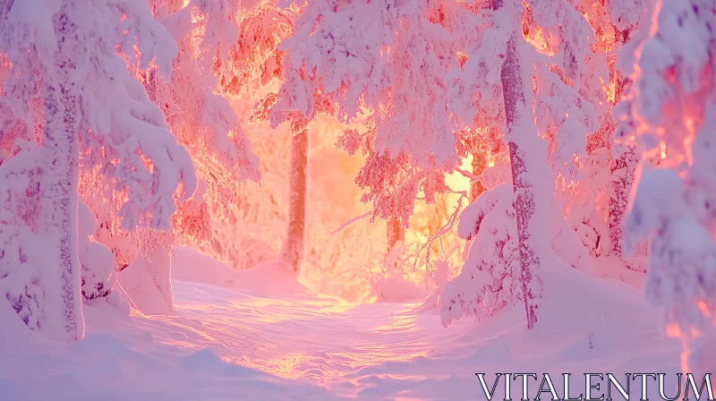 AI ART Serene Snow-Covered Forest in Pink and Orange Light