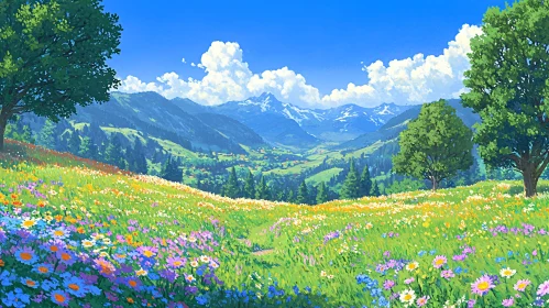 Idyllic Meadow with Colorful Flowers and Majestic Mountains