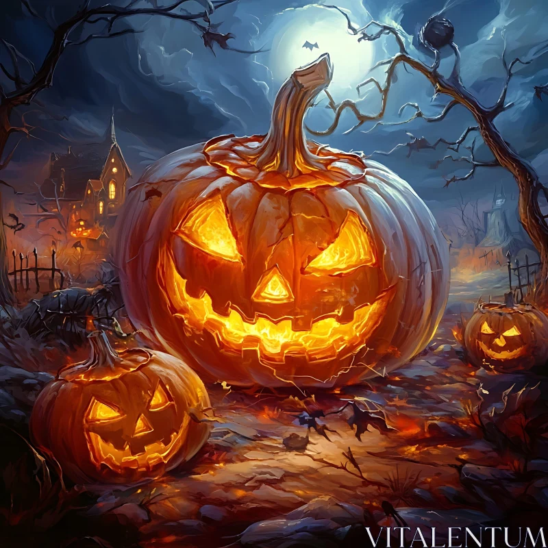 Eerie Moonlit Halloween Night with Jack-o'-lanterns AI Image