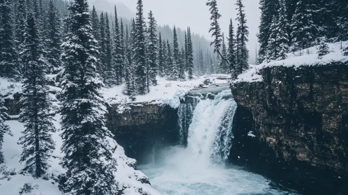 Winter Wonderland: A Cascade Amidst Snowy Pines