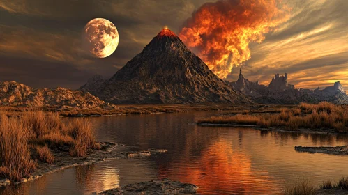 Volcano Eruption Under Full Moon