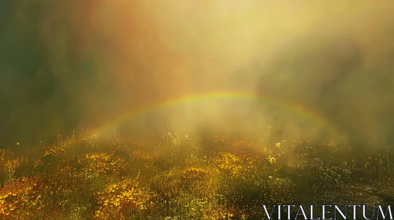 Rainbow over Misty Wildflower Meadow AI Image