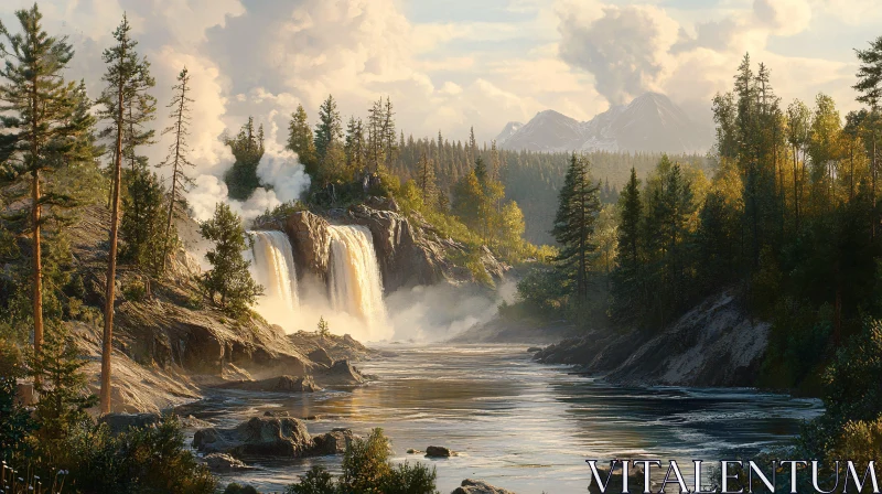 AI ART Peaceful Waterfall in Pine Forest with Distant Mountains