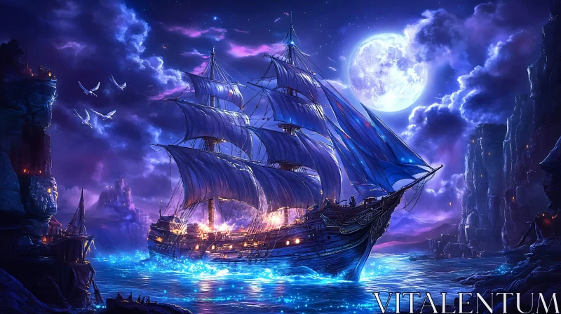 Majestic Ship Sailing under Moonlit Sky AI Image