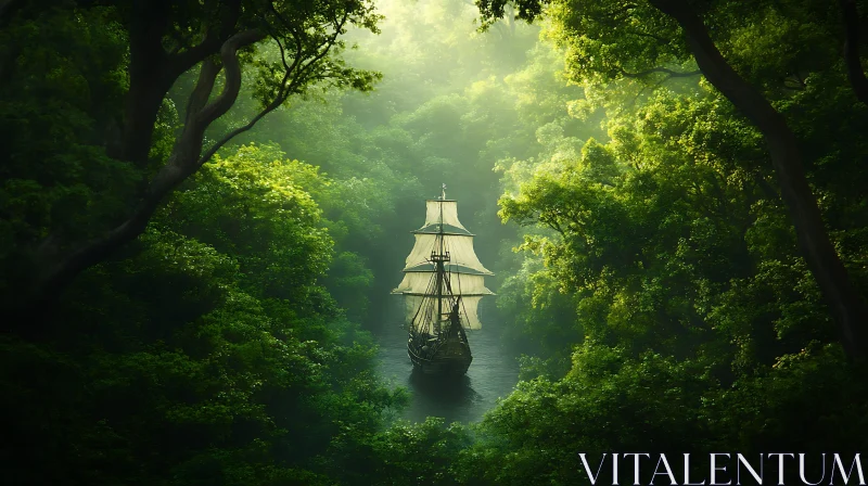 Tranquil Ship Journey Amidst Lush Forest AI Image