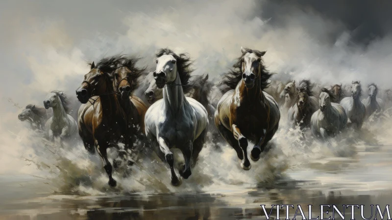 Elegant Horse Portraits: Galloping Through Water AI Image