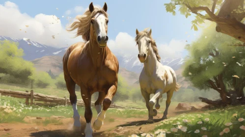Nostalgic Rural Life Depictions: Two Horses Running in Countryside
