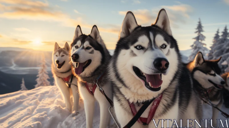 Siberian Huskies on Hill at Sunset - Maroon and Blue Toned Portraits AI Image