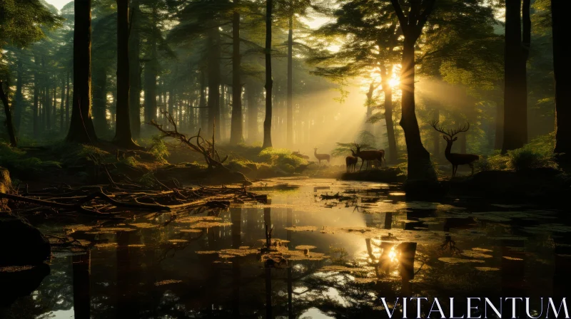 Sunrise in Forest with Deer by River - Enchanting Natural Landscape AI Image
