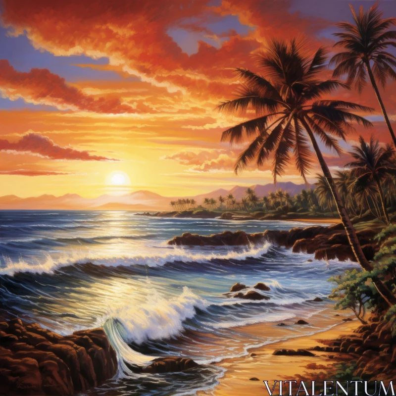 Tropical Sunset with Palm Trees and Vibrant Murals AI Image