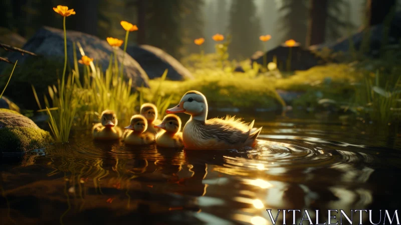 Whimsical Ducklings in Sunrise Pond - Unreal Engine 5 Render AI Image
