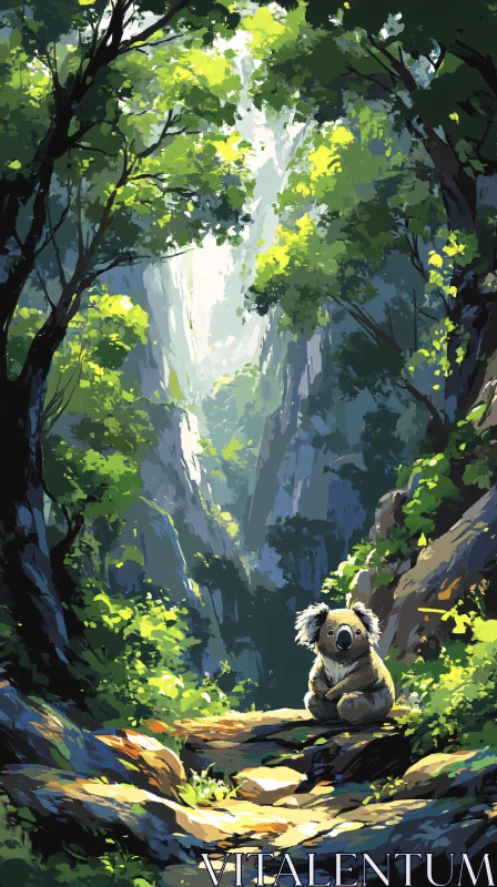 Koala in a Sunlit Forest AI Image