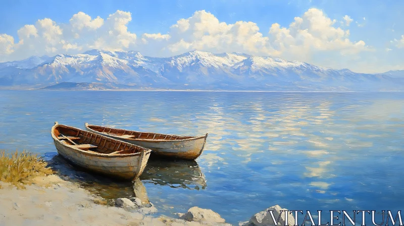 AI ART Peaceful Lake with Boats and Mountains