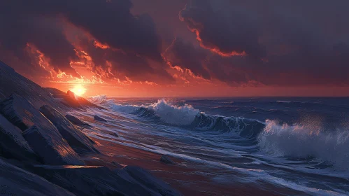 Coastal Sunset with Crashing Waves