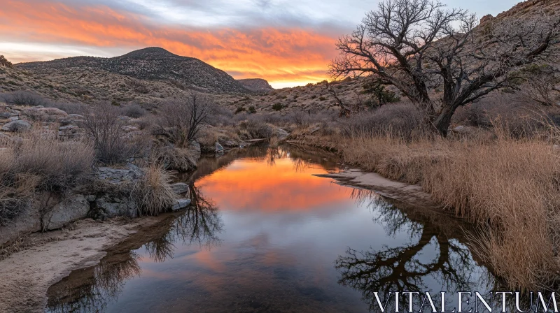 AI ART Desert River Sunset and Reflection