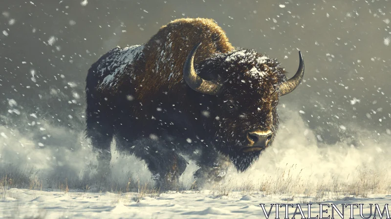 Wild Bison in Winter Snowstorm AI Image