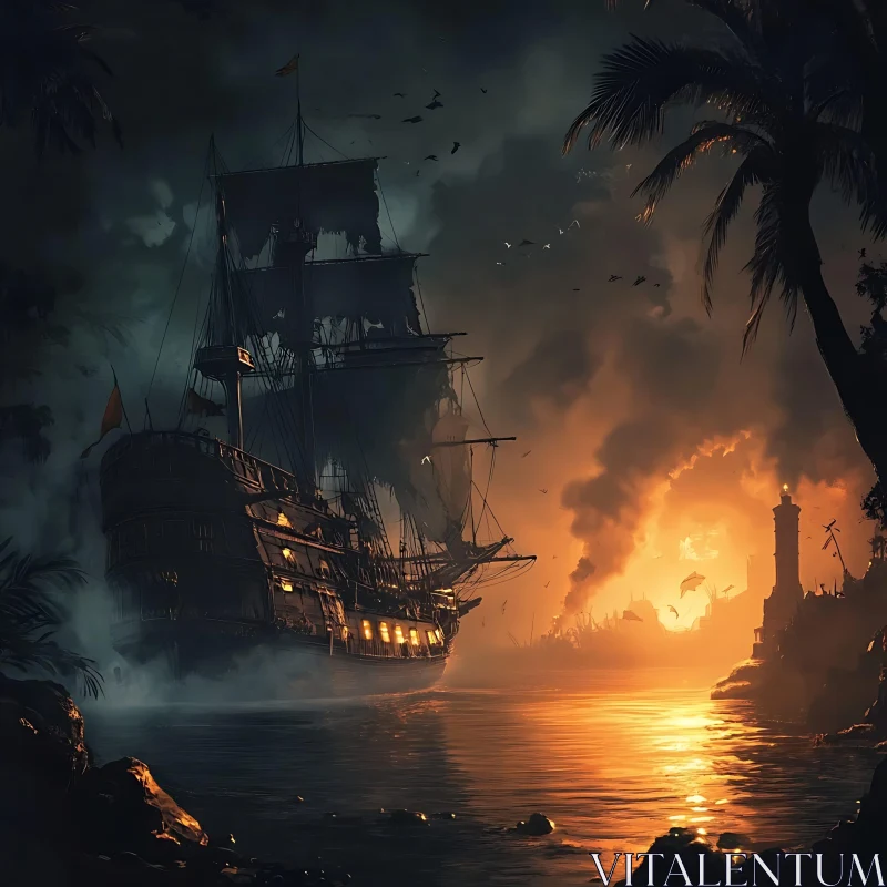 AI ART Pirate Ship Sailing at Sunset