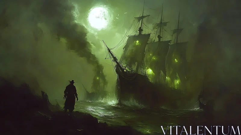 Haunting Green Ship in Moonlit Fog AI Image