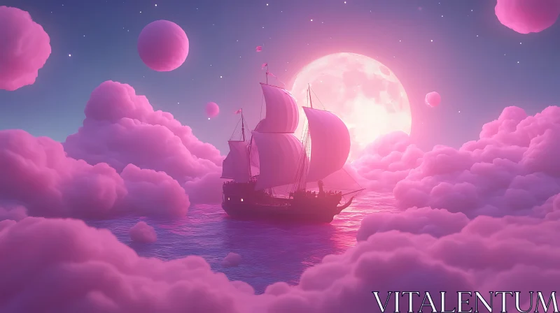 Fantasy Dreamscape with Sailboat and Pink Clouds AI Image