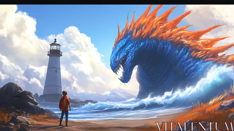 Gigantic Sea Monster Encounter by the Lighthouse AI Image