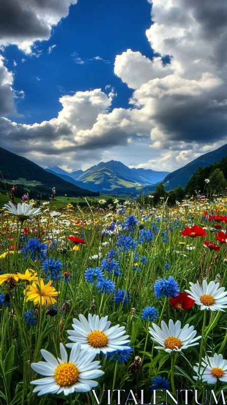 Wildflower Meadow in Front of Majestic Mountains AI Image