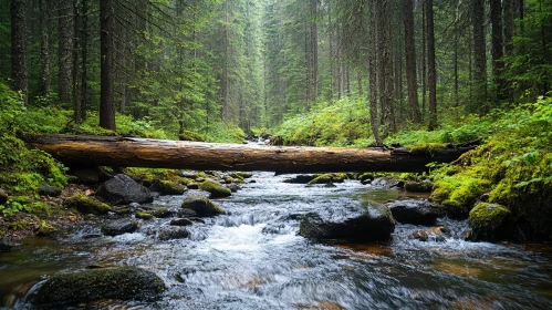 Tranquil Forest Stream Crossing Under a Log