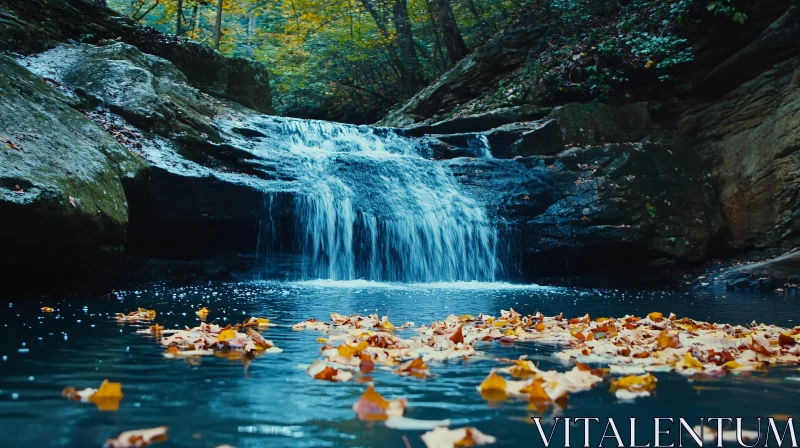 AI ART Calm Pool with Cascading Waterfall and Autumn Foliage