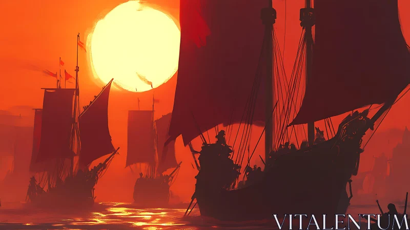 AI ART Silhouetted Armada Against a Dramatic Orange Sunset