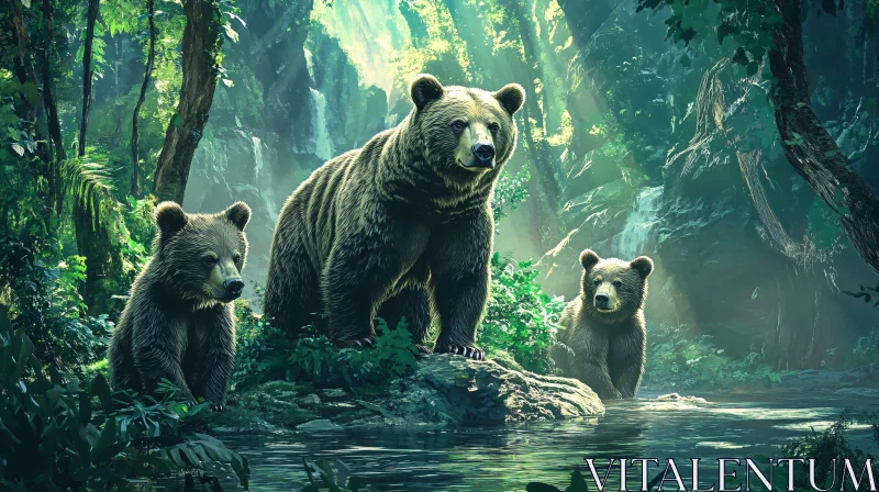 Family of Bears by a Stream in Forest AI Image