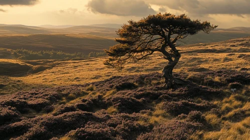 Golden Hour Over Rolling Hills with Solitary Tree