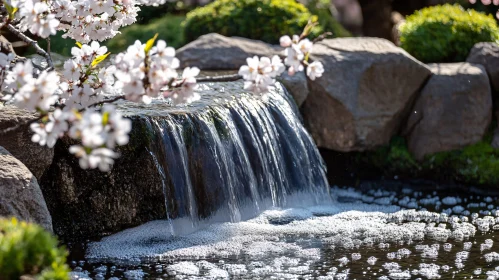 Serene Outdoor Waterfall with Spring Blossoms