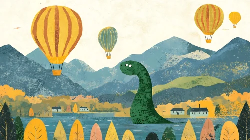 Fantastical Landscape with Hot Air Balloons and Dinosaur