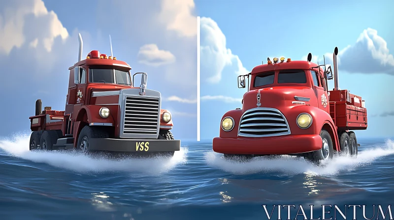 Trucks Adventuring on the Sea Surface AI Image