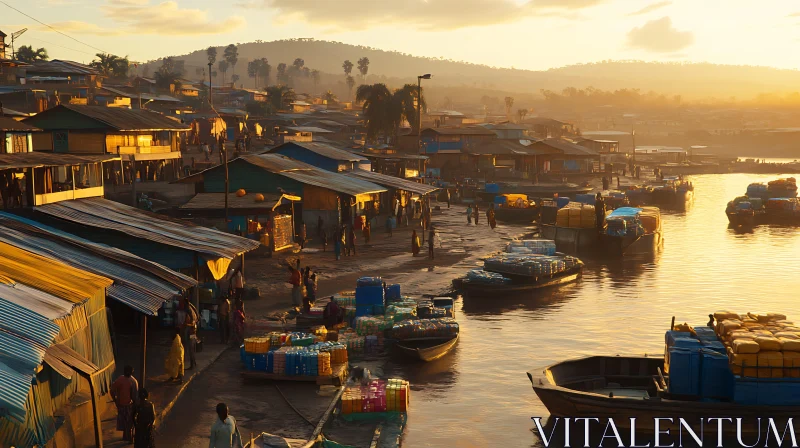 Bustling Sunset Market by the River AI Image