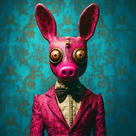 Whimsical Art of a Pig-Masked Figure in a Pink Suit