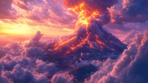 Fiery Volcano with Flowing Lava and Clouds